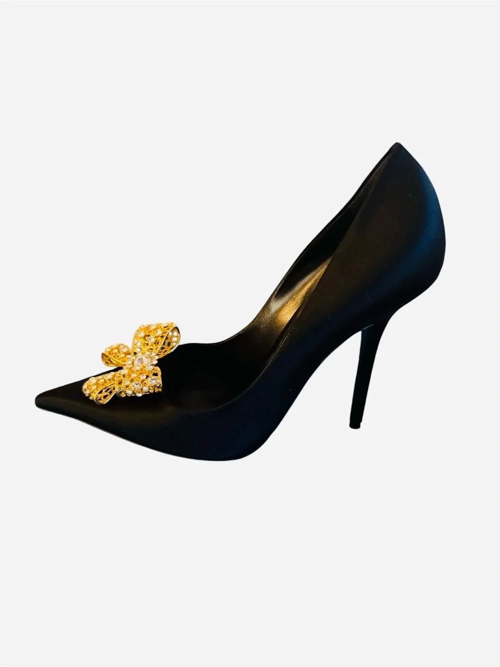 Versace Black Satin Pumps With Embellished Gold & Crystal Bow Sz EU40/US10 (New)
